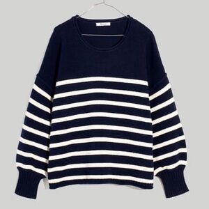 Madewell Navy and White Striped Crew Neck Sweater